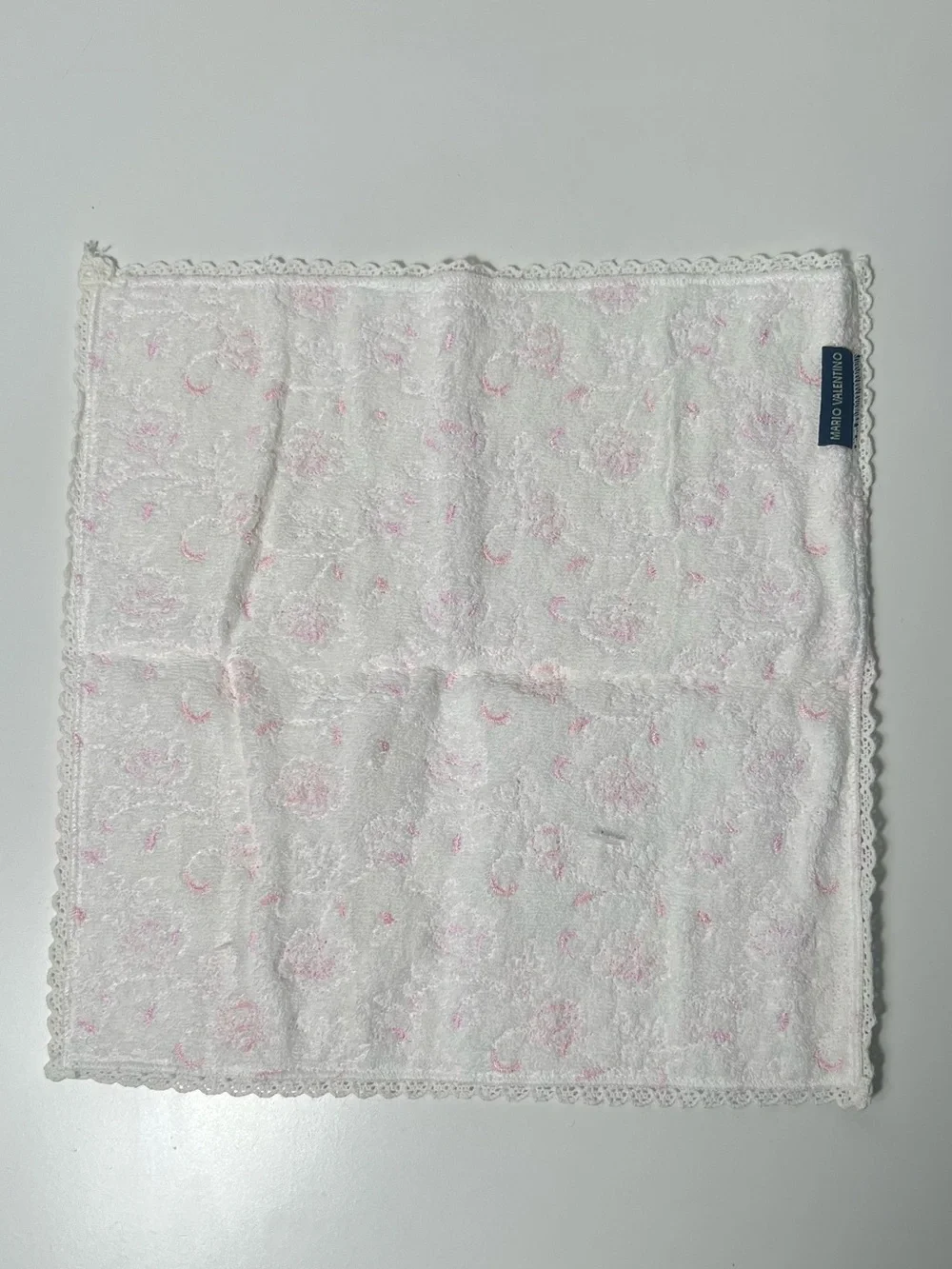 Mario Valentino Vintage Pink Rose Embroidered Cotton Handkerchief Hand Towel